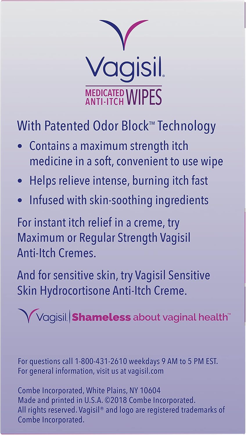 Vagisil Wipes, Anti-Itch Medicated Feminine Vaginal Wipes, Maximum Strength, Instant Relief, 20 Wipes (Pack of 3)