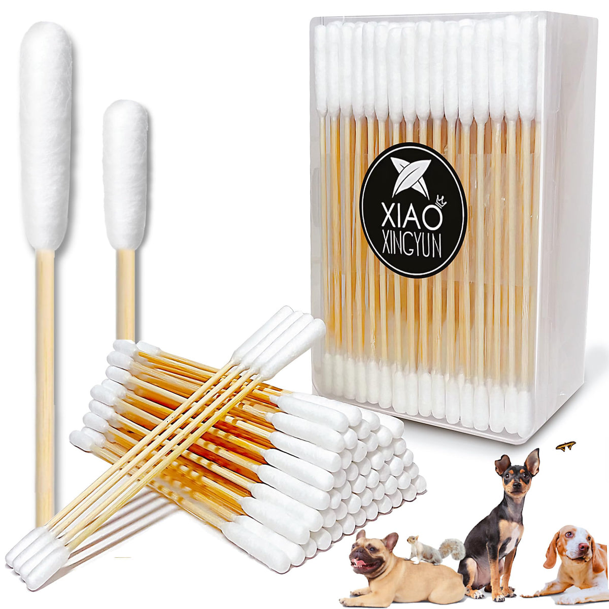 200 PCS 6 Inch Long Cotton Swabs in Box - Professional Large Cotton Swabs with Bamboo Handle - Double Sided Dog Ear Swabs - Specially Designed Big Cotton Swabs for Dog Ear, Cleaning Solution