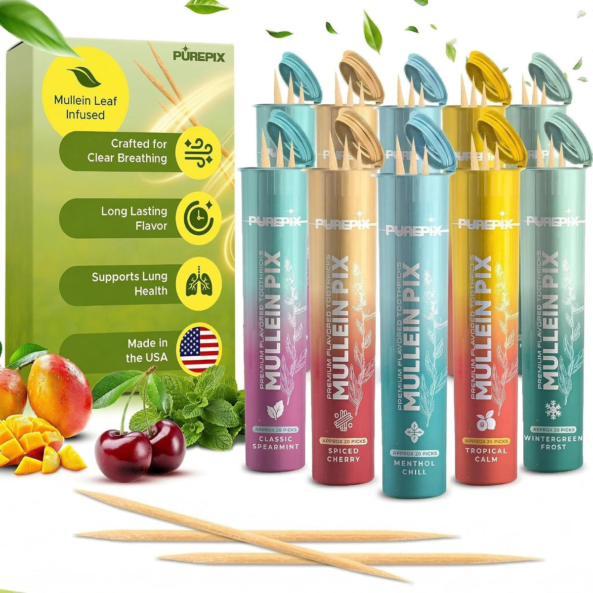 PurePix Mullein Pix Flavored Toothpicks, 5-Flavor Variety Pack