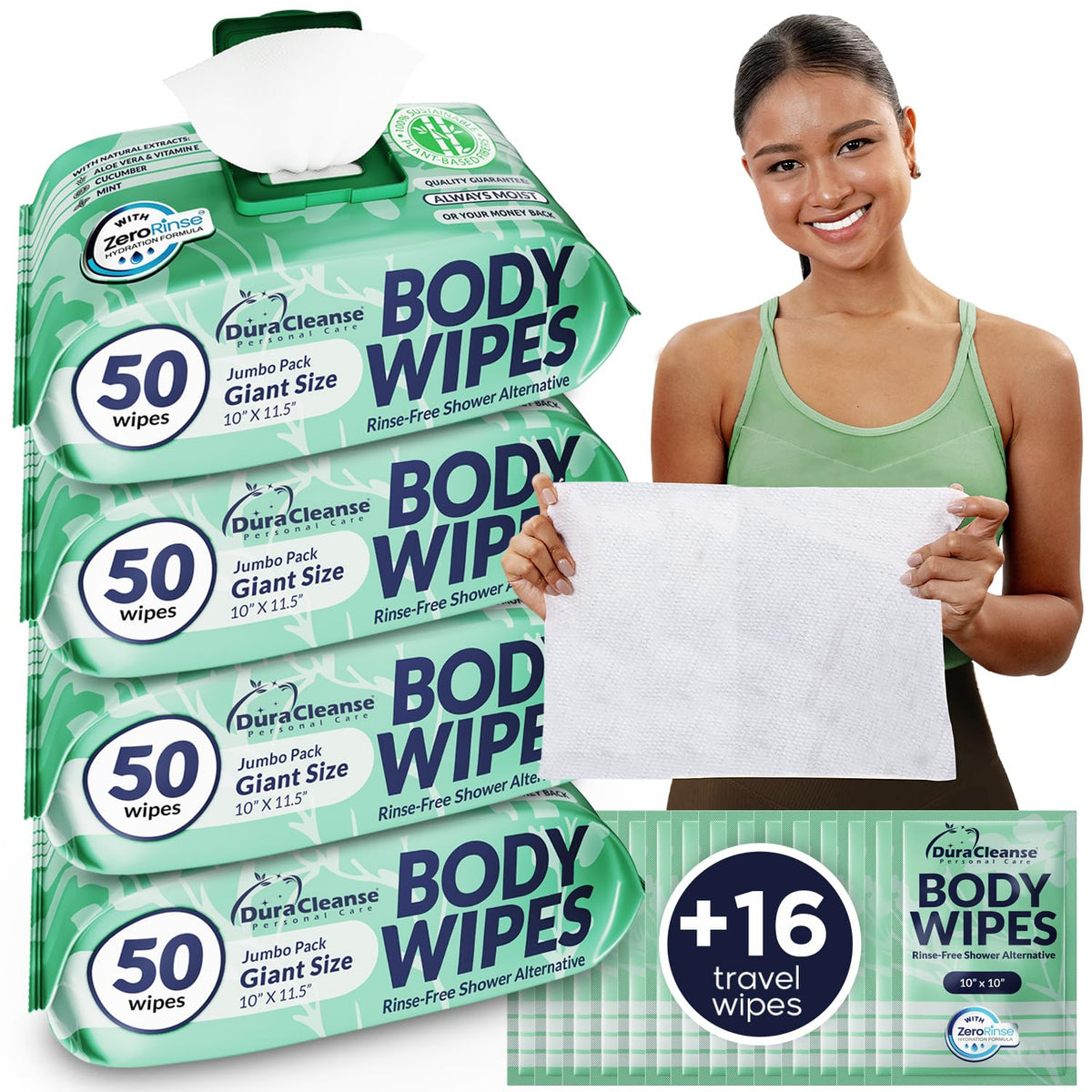 XL Body Wipes for Adults Bathing No Rinse - Shower Wipes & Bath - 50 Ct + 4