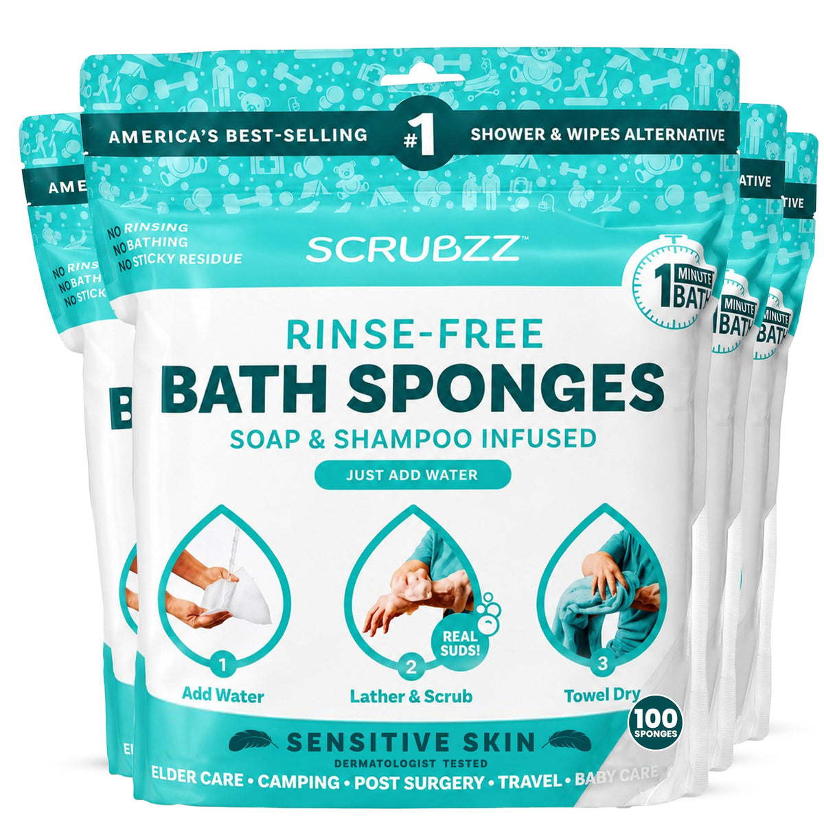 Scrubzz Disposable No Rinse Bathing Wipes - All-in-1 Single Use Shower Wipes, Simply Dampen, Lather, and Dry Without Shampoo or Rinsing (Unscented, 2-Pack)