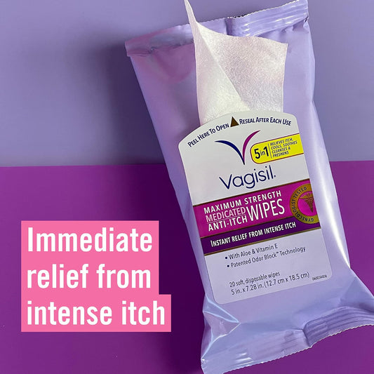 Vagisil Wipes, Anti-Itch Medicated Feminine Vaginal Wipes, Maximum Strength, Instant Relief, 20 Wipes (Pack of 3)