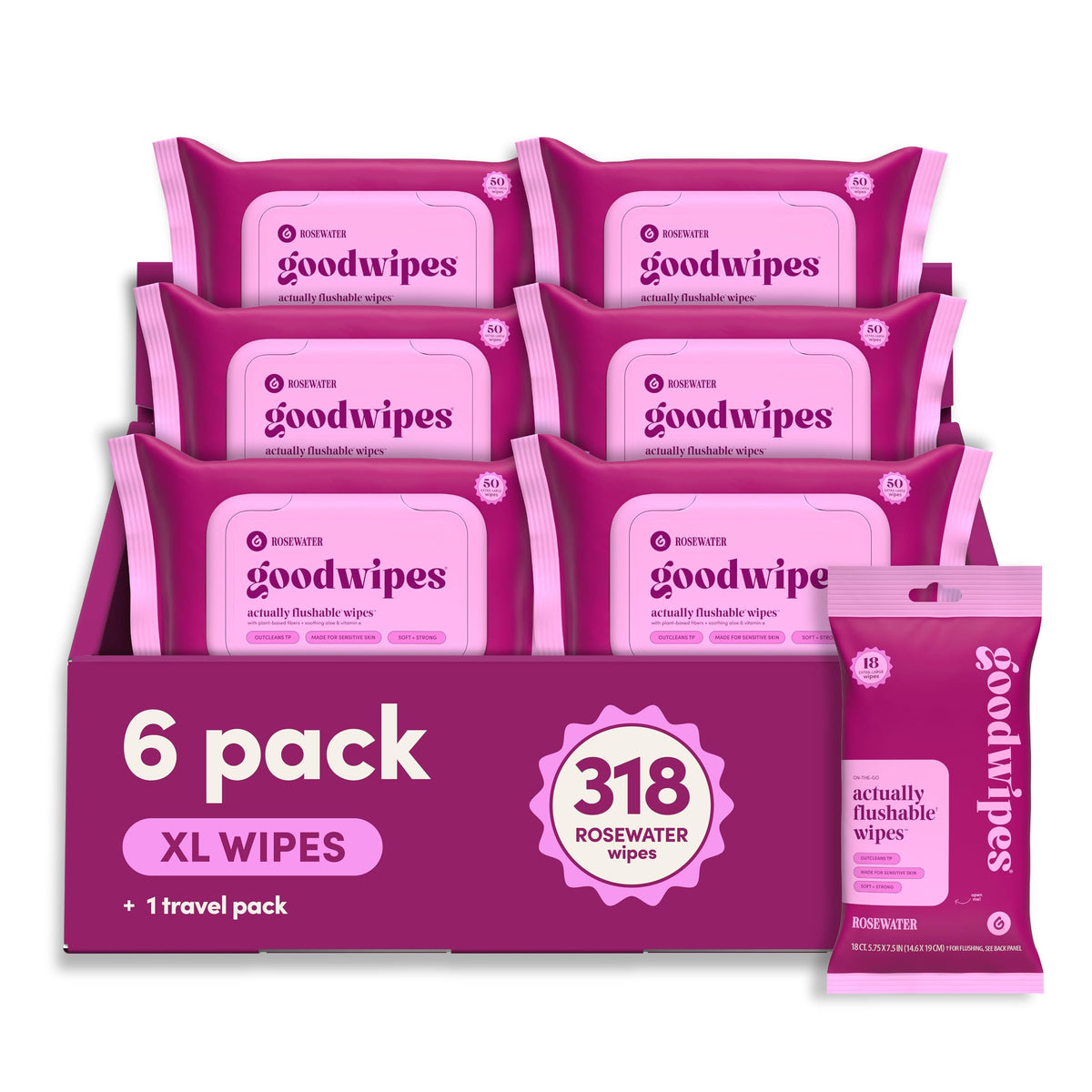 goodwipes Flushable Wipes - Rosewater, 318 Wipes (6 Pack + 1 Travel Size)