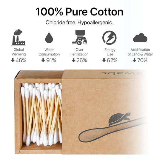 Sea Turtle Bamboo Cotton Swabs (1000 Count) - Vegan, Eco Friendly, Organic, Double Tips, Wooden Ear Sticks, All Natural 100% Biodegradable Cotton Buds