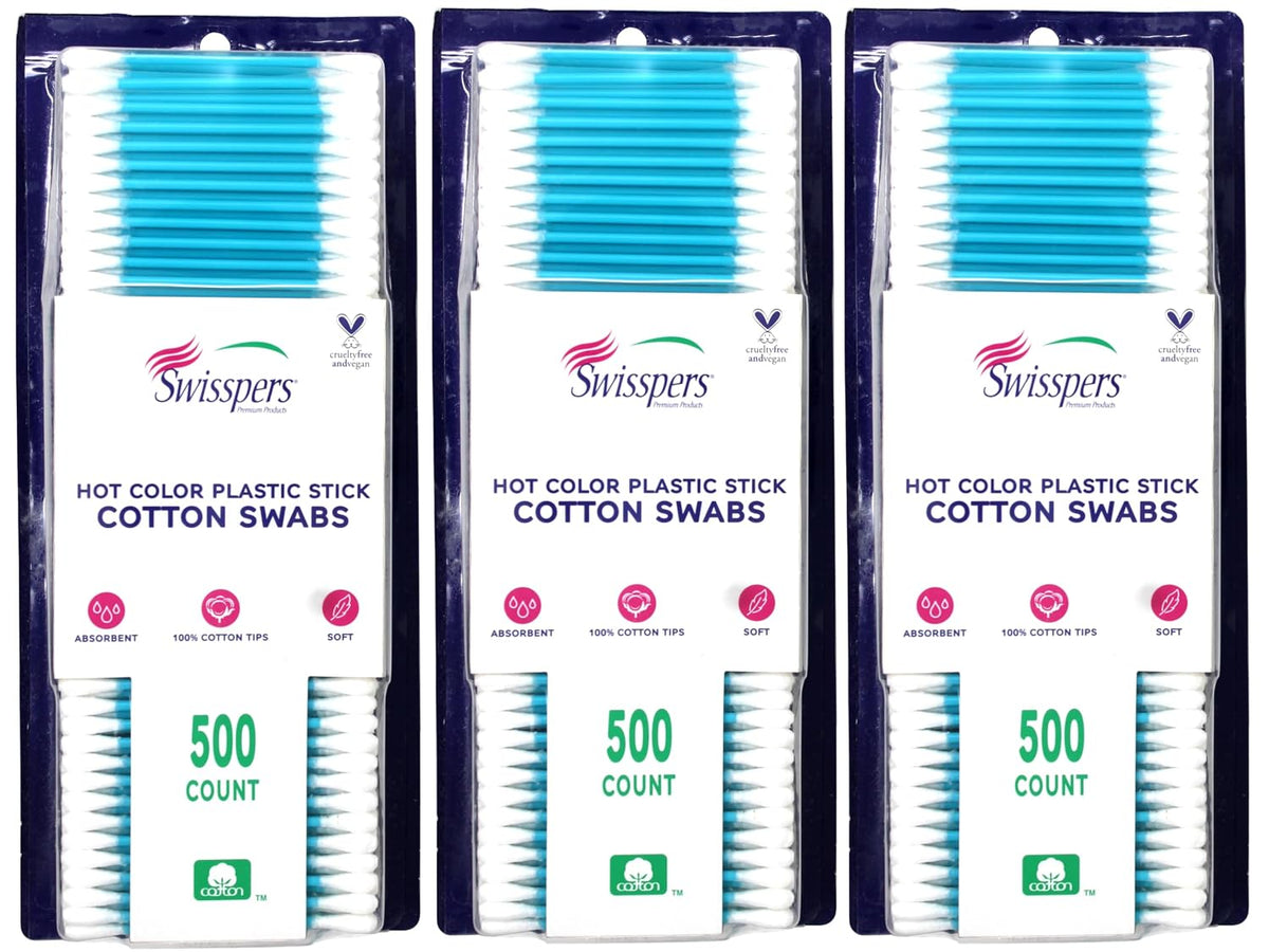 Swisspers Hot Color Cotton Swabs, 100% Cotton, Color Plastic Sticks, 500 per Pack (Color May Vary) - 3 Pack