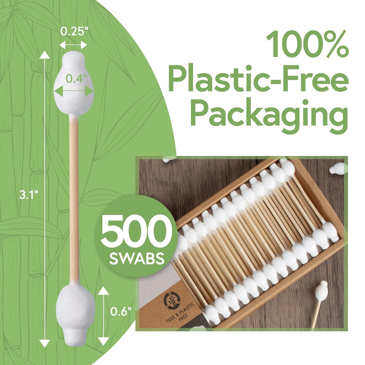 Jenvita 100% Bamboo Cotton Swabs for Ears, 500 Pack, Double-Tipped