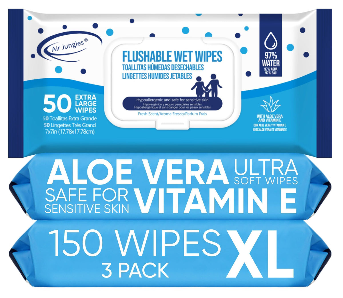 Air Jungles Flushable Wipes 300 Ct 6-Pack, Adult and Kid, XL 7x7 Inch