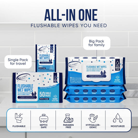 Air Jungles Flushable Wipes 300 Ct 6-Pack, Adult and Kid, XL 7x7 Inch