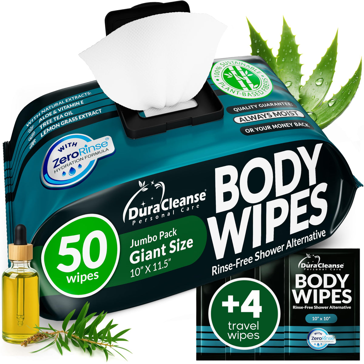 XL Body Wipes for Adults Bathing No Rinse - Shower Wipes & Bath - 50 Ct + 4