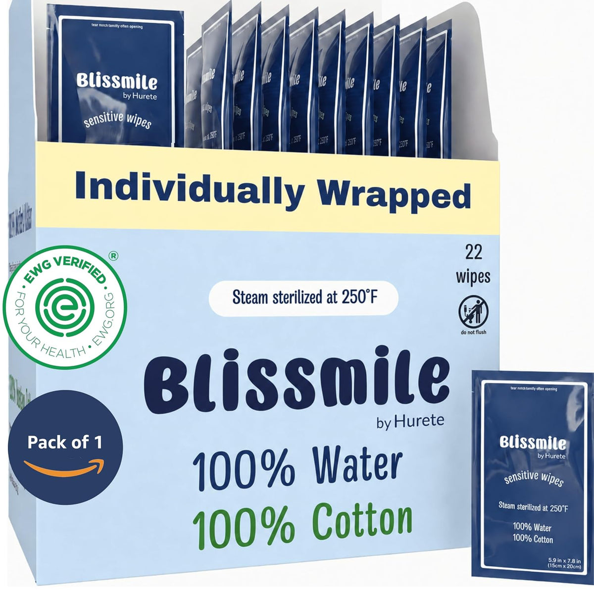 Blissmile 100% Water Wet Wipes, Individually Wrapped Travel Size - 22 ct