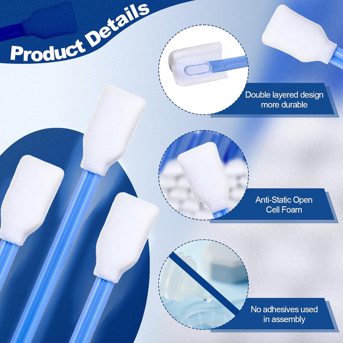 Dunzy 300 Pcs Foam Cleaning Swabs, Blue Rectangle Sponge Tips for Printers
