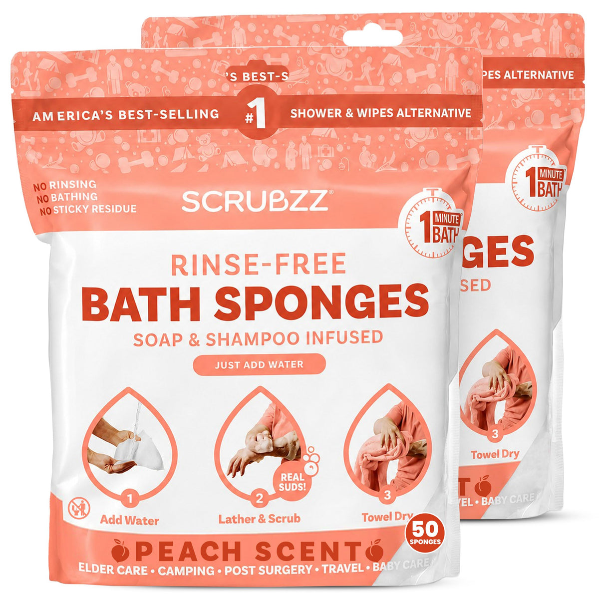 Scrubzz Disposable No Rinse Bathing Wipes - All-in-1 Single Use Shower Wipes, Simply Dampen, Lather, and Dry Without Shampoo or Rinsing (Unscented, 2-Pack)