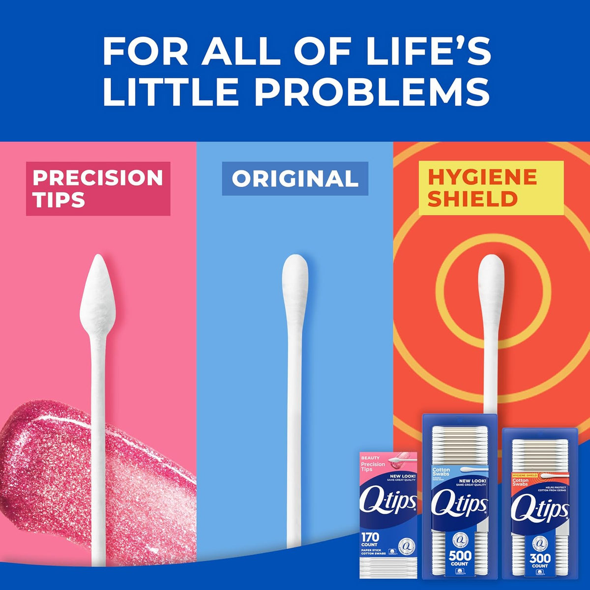 Q-Tips Cotton Swabs, Variety Pack, Original, Hygiene Shield and Precision Tips for Home, First Aid and Beauty Care, Made with 100% Cotton, 1440 Count