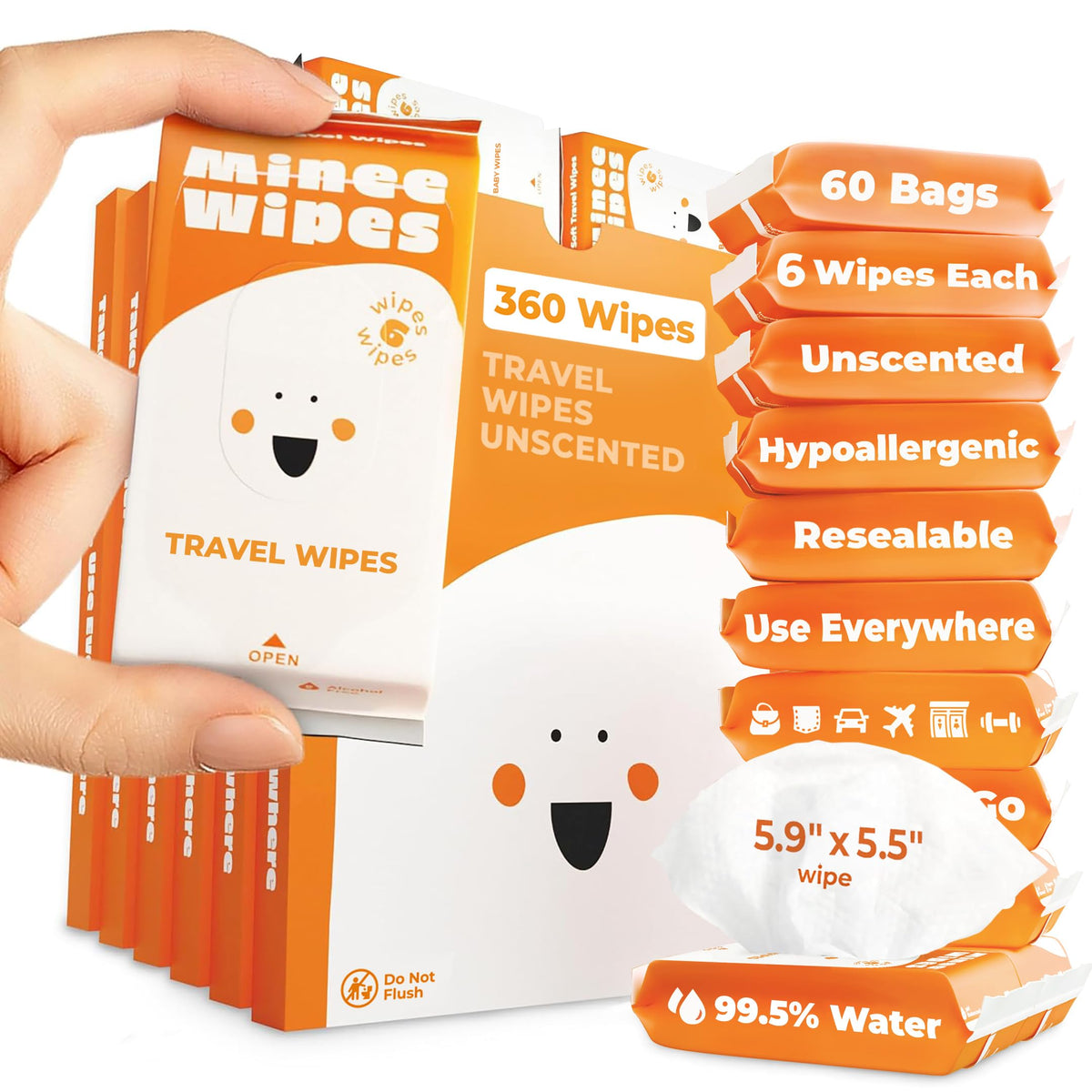 Impossibly Compact Travel Wipes - 99.5% Water - Safe for Sensitive Skin & Hypoallergenic, Resealable, Thick & Durable - For Adults & Kids - Unscented, 30 Pack Total 180 Wipes