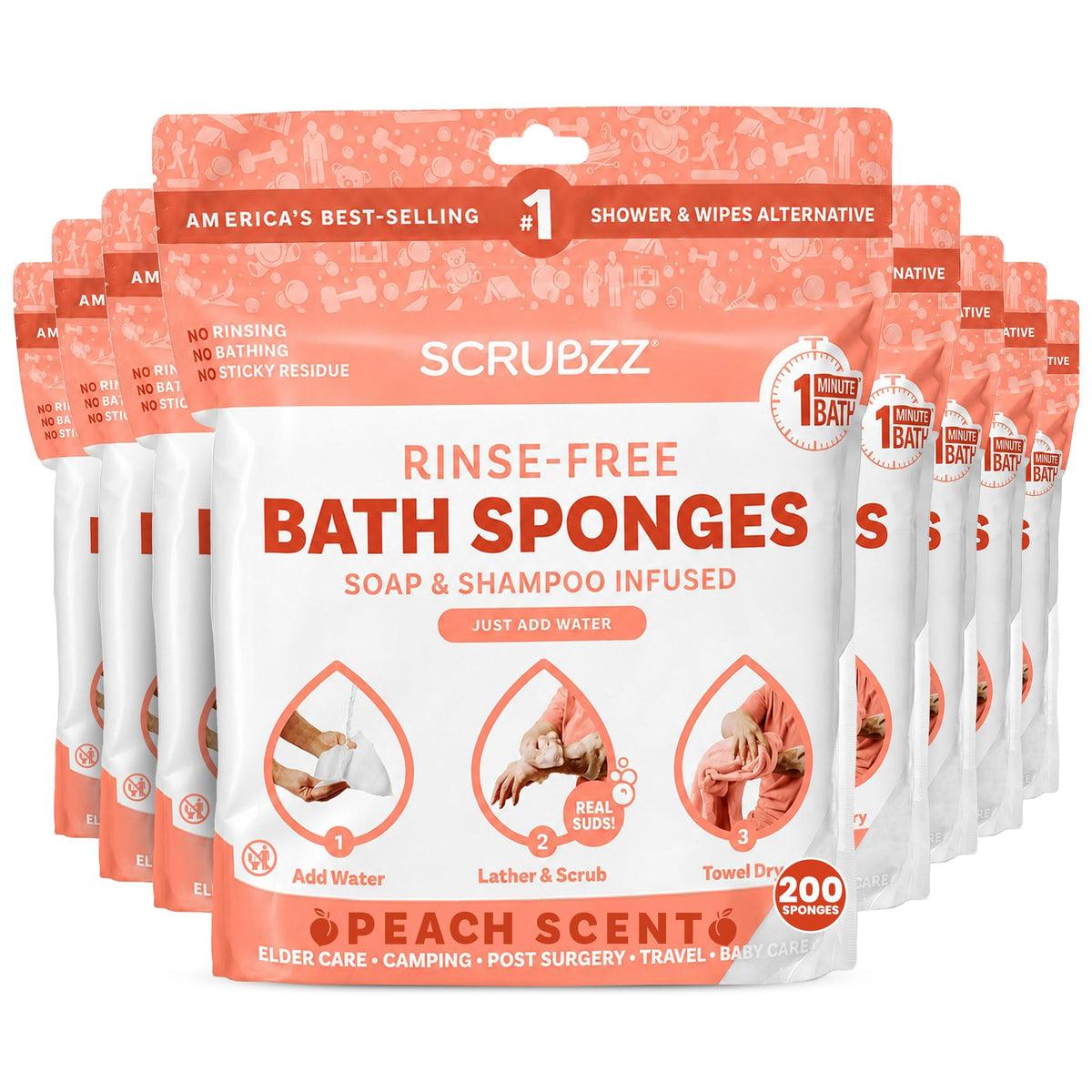 Scrubzz Disposable No Rinse Bathing Wipes - All-in-1 Single Use Shower Wipes, Simply Dampen, Lather, and Dry Without Shampoo or Rinsing (Unscented, 2-Pack)
