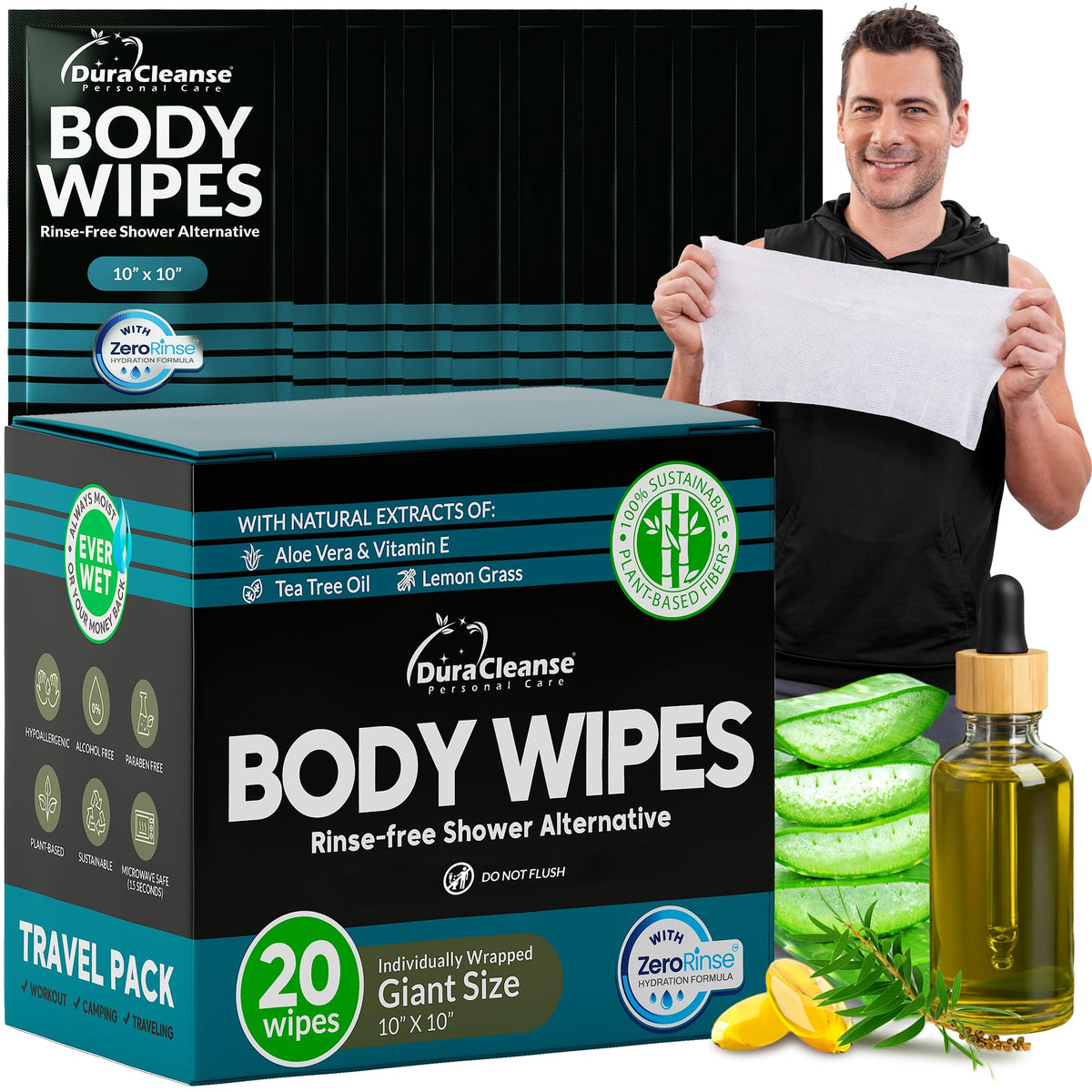 XL Body Wipes for Adults Bathing No Rinse - Shower Wipes & Bath - 50 Ct + 4