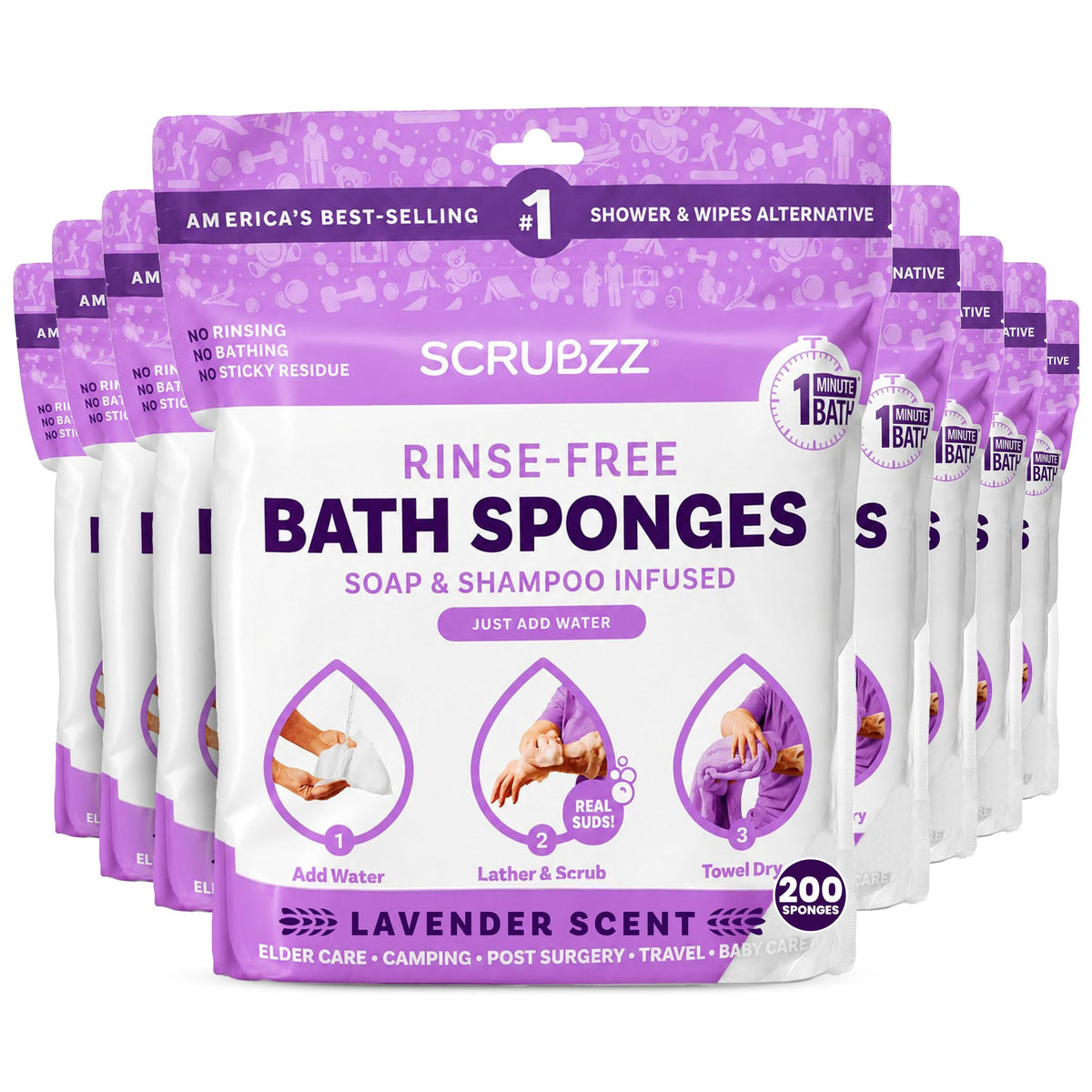 Scrubzz Disposable No Rinse Bathing Wipes - All-in-1 Single Use Shower Wipes, Simply Dampen, Lather, and Dry Without Shampoo or Rinsing (Unscented, 2-Pack)