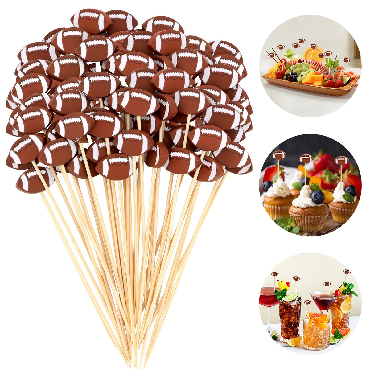 50 Pcs Football Toothpicks, 4.72 Inch Football Cocktail Picks for Appetizers, Long Bamboo Toothpicks, Decorative Toothpicks Skewers for Holiday Birthday Party Decorations (Football 3D)