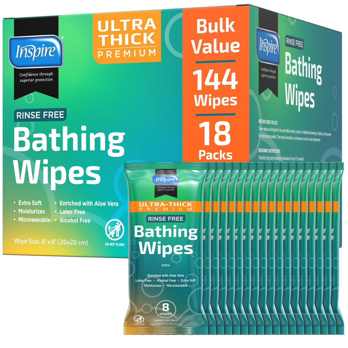 Bathing Wipes for adults bathing rinse free | Adult Wash Cloths Extra Large, Bathing Wipes for Incontinence, 8"x 8" In (48 count) | By Inspire