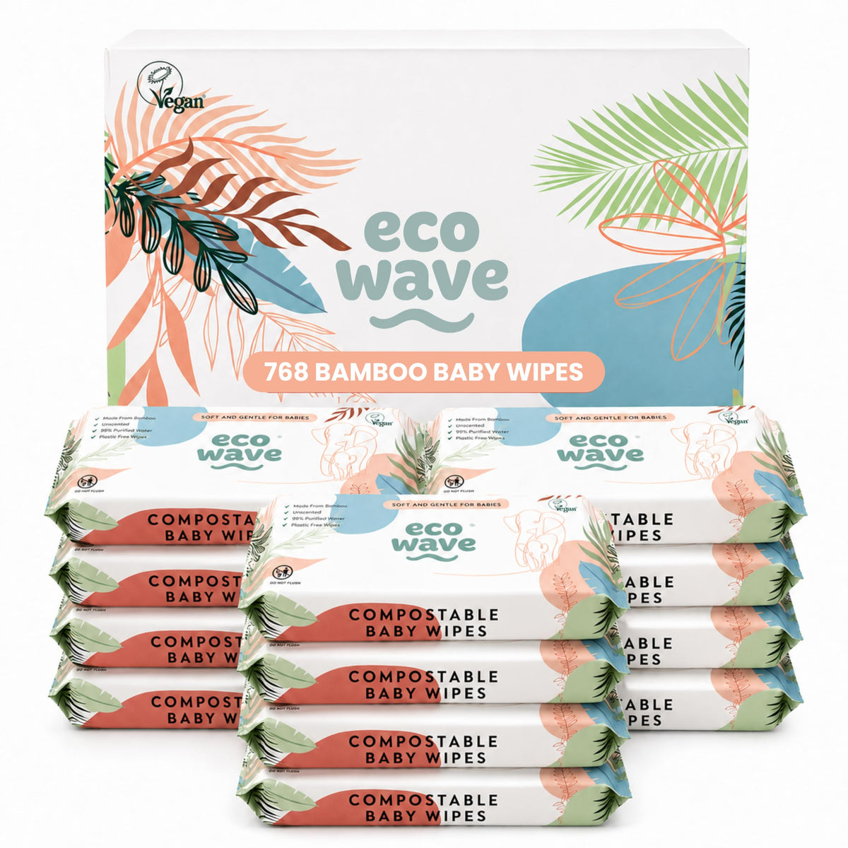 Eco Wave Baby Wipes, 100% Compostable Eco-Friendly Bamboo Wipes, Unscented, Hypoallergenic, Vegan, Alcohol-Free, Suitable For Sensitive Skin (Pack of 4)