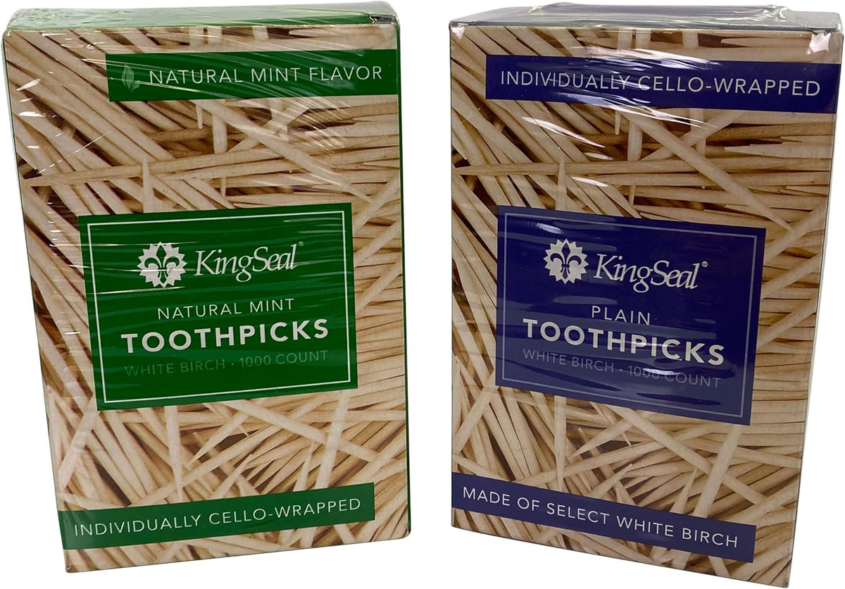 4,000 Count | KingSeal Birch Wood Toothpicks, Individually Cello Wrapped, Plain, Unflavored, 2.5 Inch Length, Bulk Pack - 4 Boxes x 1000