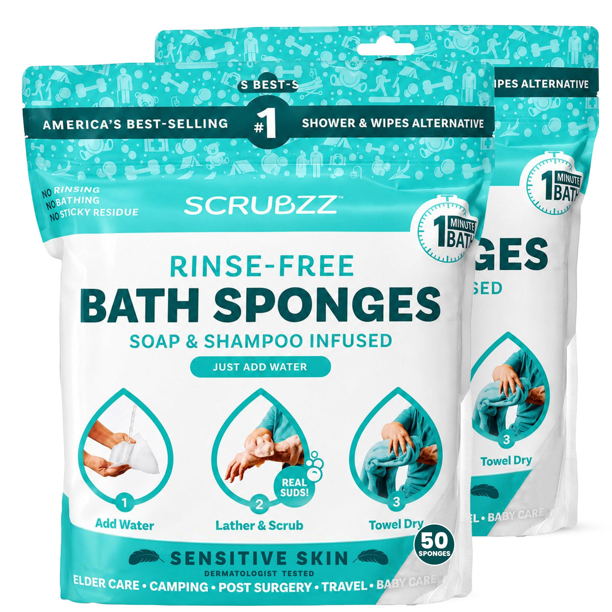 Scrubzz Disposable No Rinse Bathing Wipes - All-in-1 Single Use Shower Wipes, Simply Dampen, Lather, and Dry Without Shampoo or Rinsing (Unscented, 2-Pack)