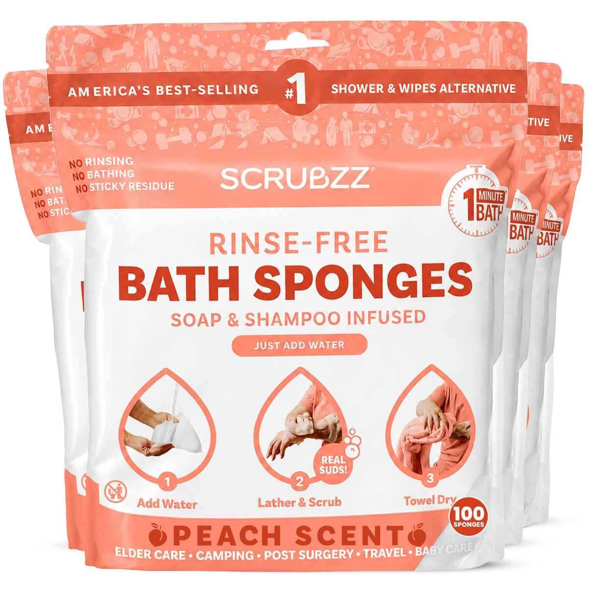 Scrubzz Disposable No Rinse Bathing Wipes - All-in-1 Single Use Shower Wipes, Simply Dampen, Lather, and Dry Without Shampoo or Rinsing (Unscented, 2-Pack)