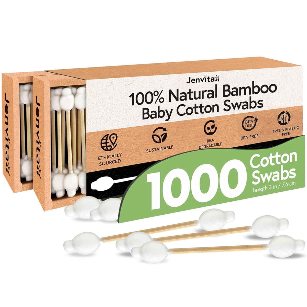 Jenvita 100% Bamboo Cotton Swabs for Ears, 500 Pack, Double-Tipped