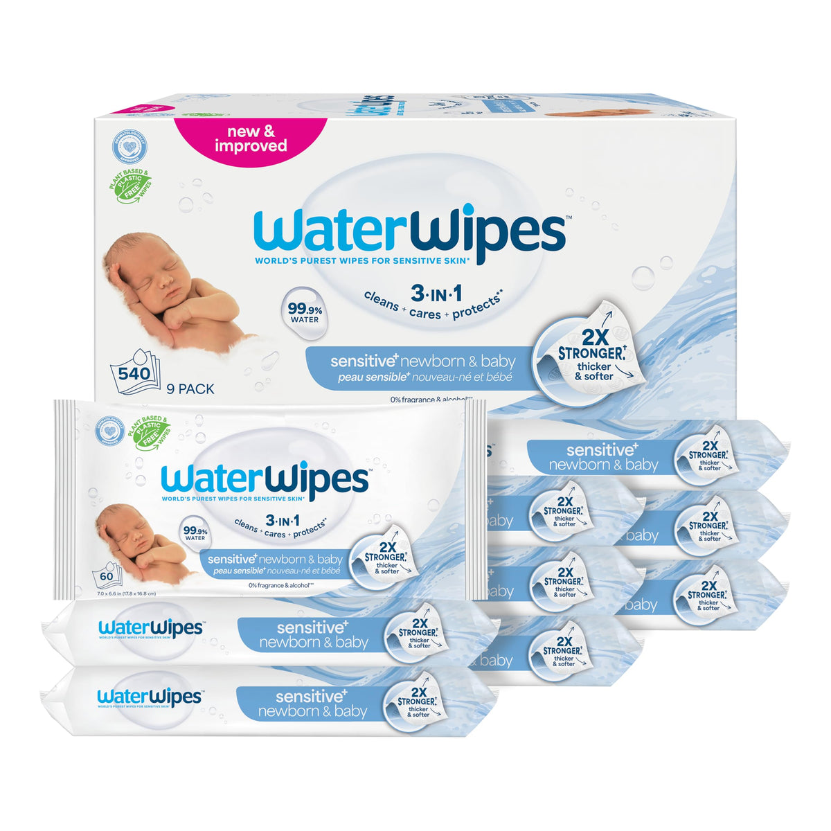 WaterWipes Sensitive+ Newborn & Baby Wipes, 3-In-1 Cleans, Cares, Protects, 99.9% Water, Unscented & Hypoallergenic, 300 Count (5 Packs)