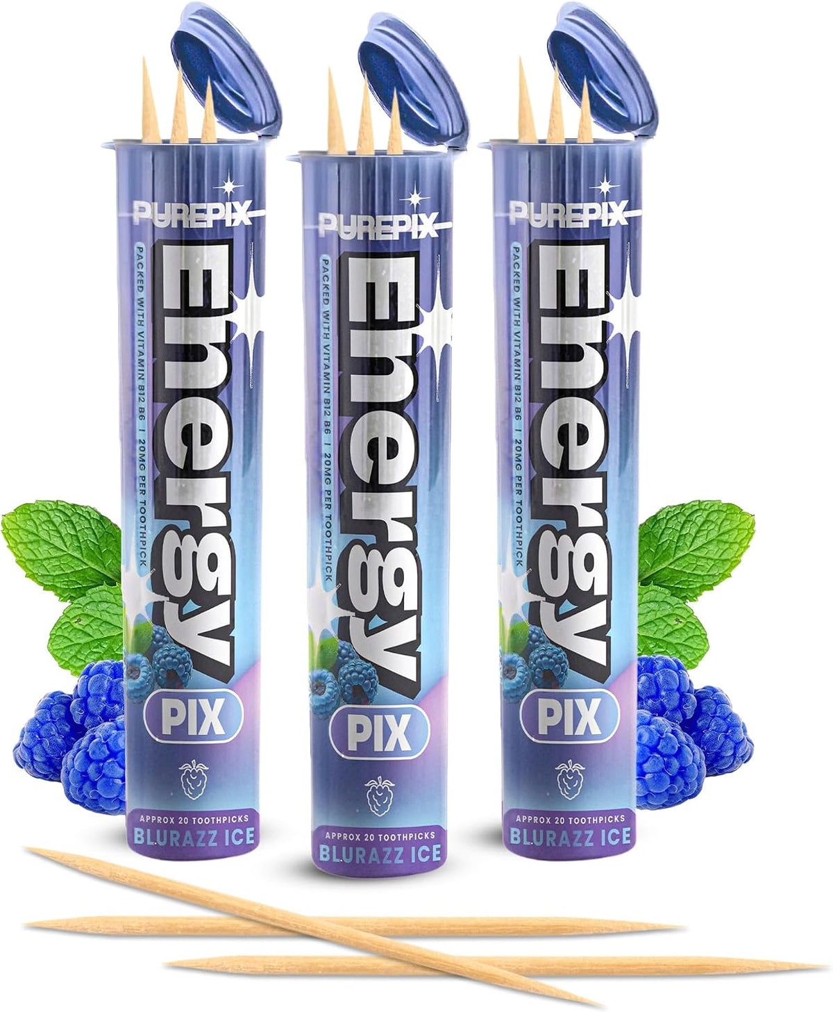 PurePix Energy Caffeine Flavored Toothpicks, Spearmint, 3-Pack, 60ct