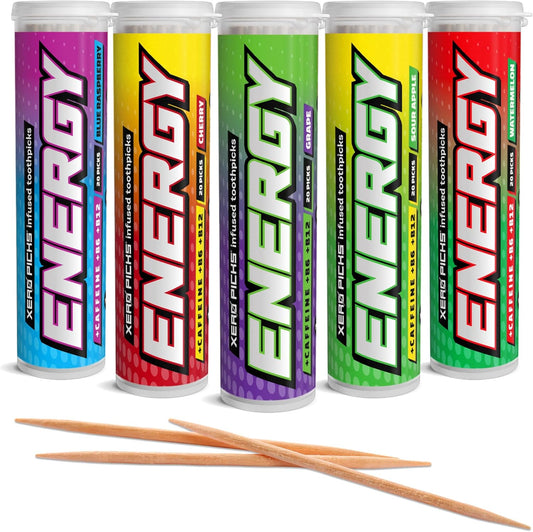 Xero Picks Energy Caffeine Flavored Toothpicks B12 for Focus & B6, 100 Picks (Pack of 5) (Variety Pack) Sugar-Free Alternative to Energy Mints & Gum - Kosher