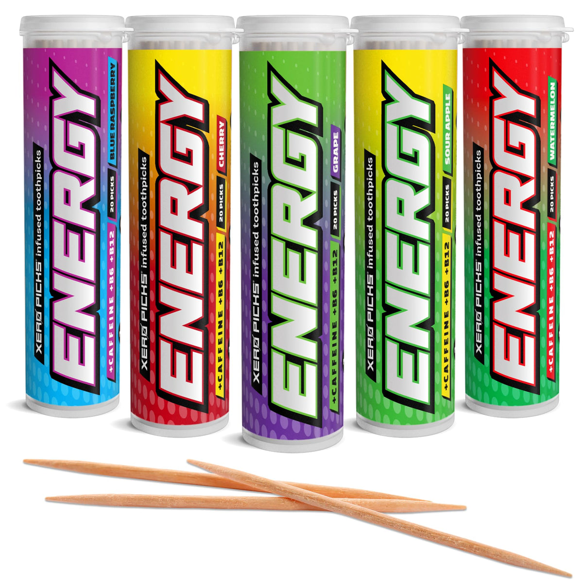 Xero Picks Energy Caffeine Flavored Toothpicks B12 for Focus & B6, 100 Picks (Pack of 5) (Variety Pack) Sugar-Free Alternative to Energy Mints & Gum - Kosher