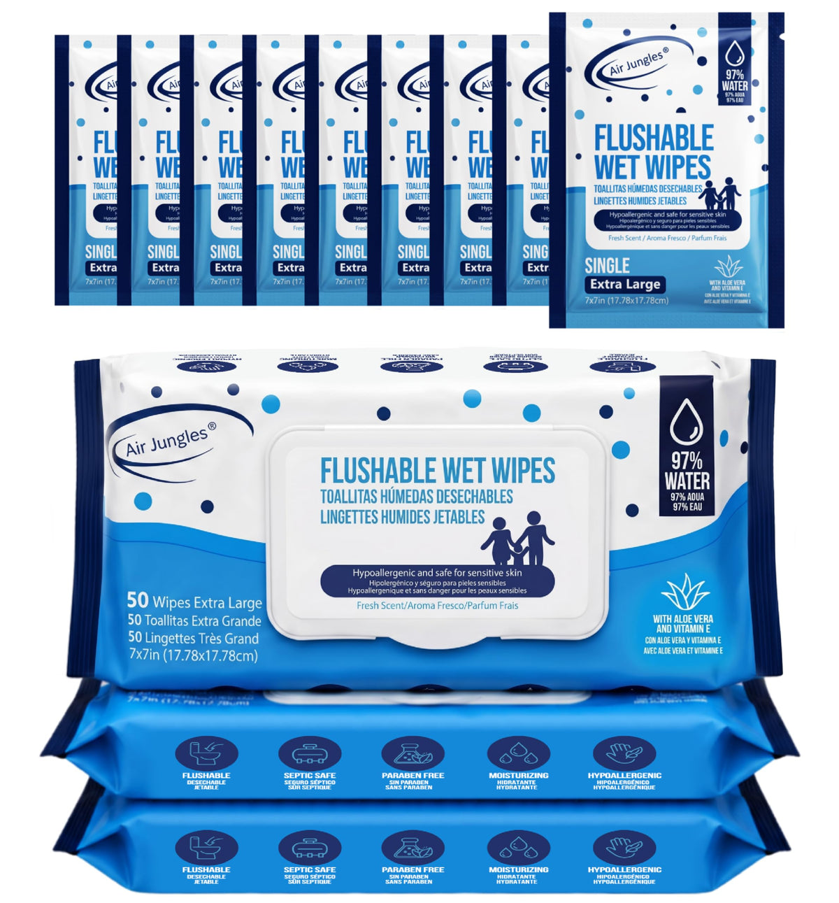 Air Jungles Flushable Wipes 300 Ct 6-Pack, Adult and Kid, XL 7x7 Inch