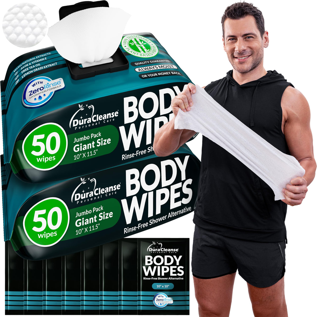XL Body Wipes for Adults Bathing No Rinse - Shower Wipes & Bath - 50 Ct + 4