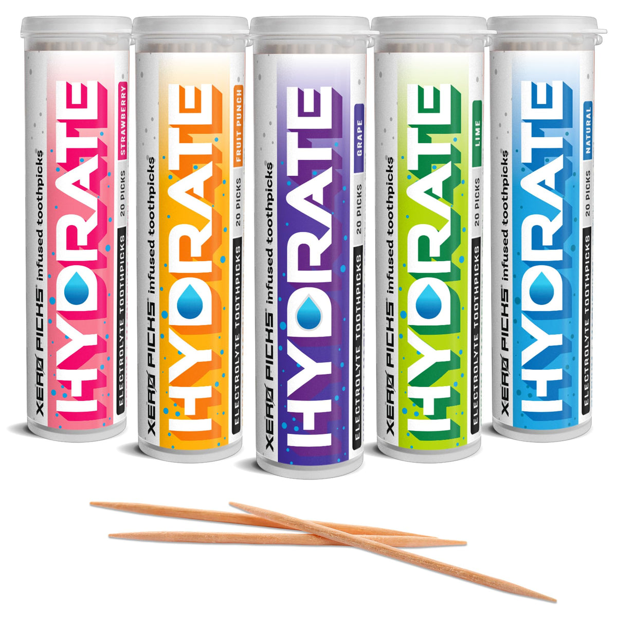 Xero Picks Wellness Flavored Toothpicks - Brain Boost, Immunity, Rest & Relax, Joint Health, and Energy Boost - 100 Picks (Variety, 5 Pack) Kosher - Sugar Free