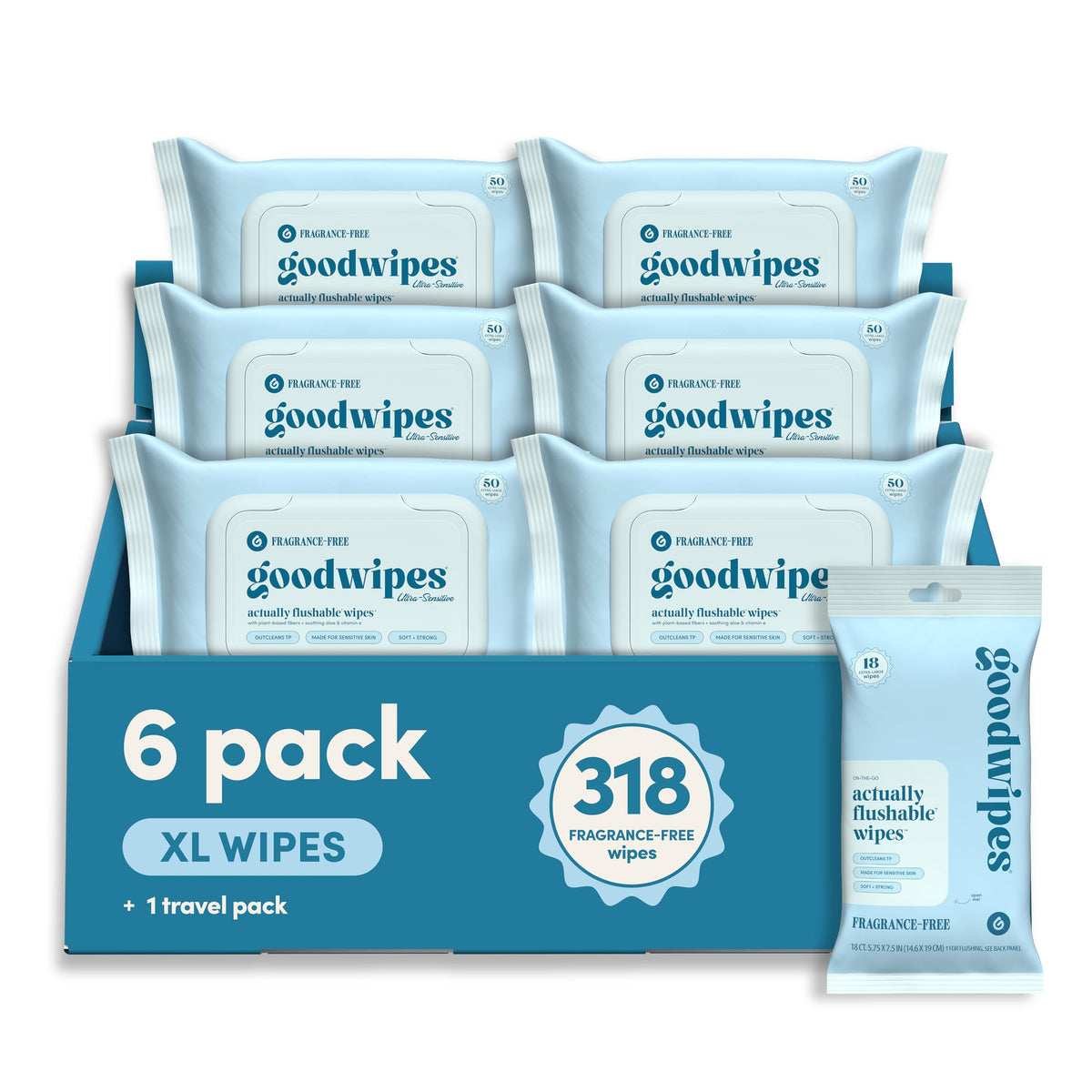 goodwipes Flushable Wipes - Rosewater, 318 Wipes (6 Pack + 1 Travel Size)
