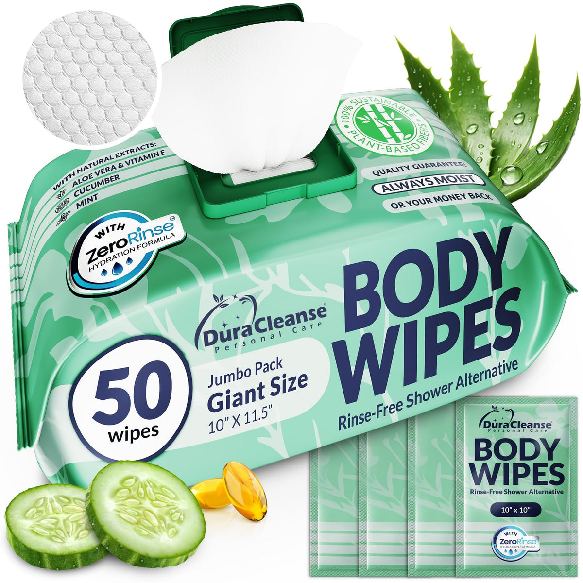 XL Body Wipes for Adults Bathing No Rinse - Shower Wipes & Bath - 50 Ct + 4