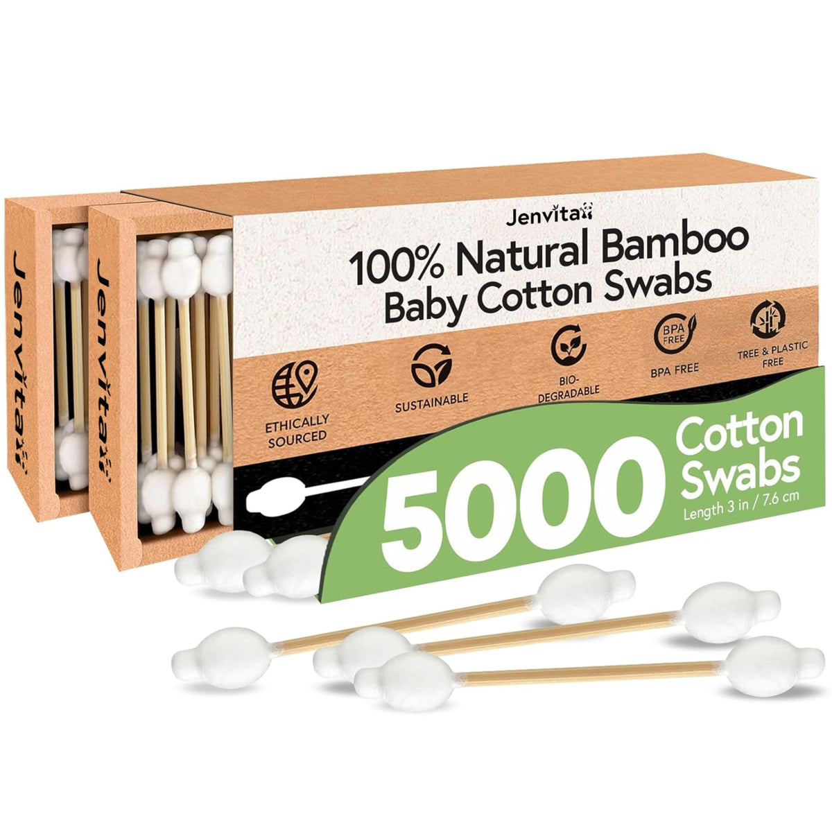 Jenvita 100% Bamboo Cotton Swabs for Ears, 500 Pack, Double-Tipped