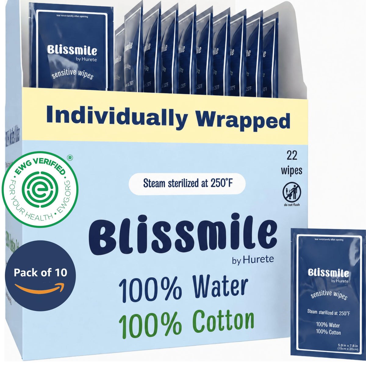 Blissmile 100% Water Wet Wipes, Individually Wrapped Travel Size - 22 ct