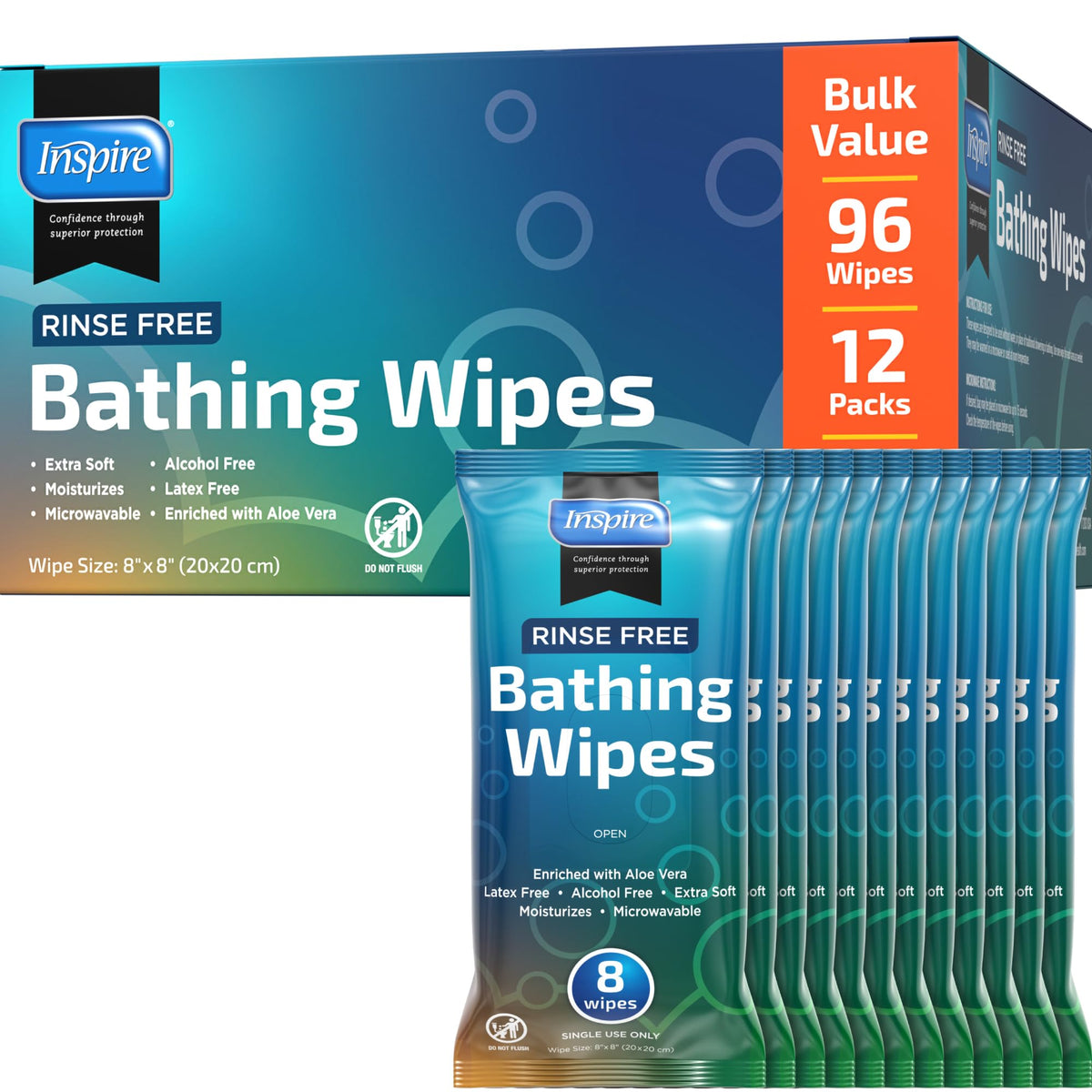 Bathing Wipes for adults bathing rinse free | Adult Wash Cloths Extra Large, Bathing Wipes for Incontinence, 8"x 8" In (48 count) | By Inspire