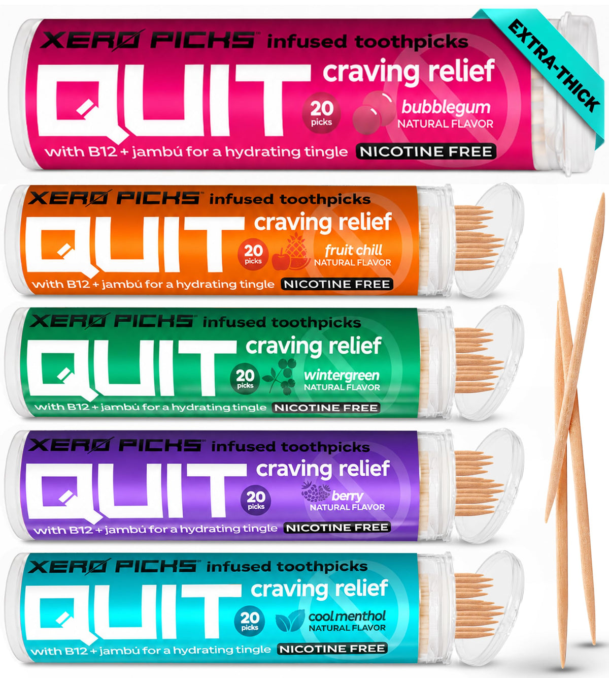 Xero Picks Infused Flavored Toothpicks to Help Quit Smoking - Nicotine Free (Variety Pack, 20 Count (Pack of 5)) Non-GMO Kosher Vegan