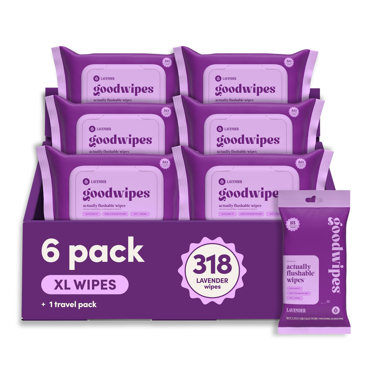 goodwipes Flushable Wipes - Rosewater, 318 Wipes (6 Pack + 1 Travel Size)