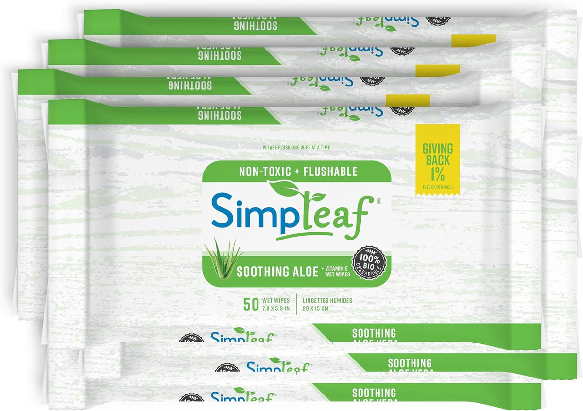 Simpleaf Flushable Wet Wipes Aloe Vera | Plastic Free, Paraben & Alcohol Free | Hypoallergenic & Safe for Sensitive Skin | Soothing Aloe Formula | Adult Toilet Wipes (6 x 50 Count Pack) 300 Count
