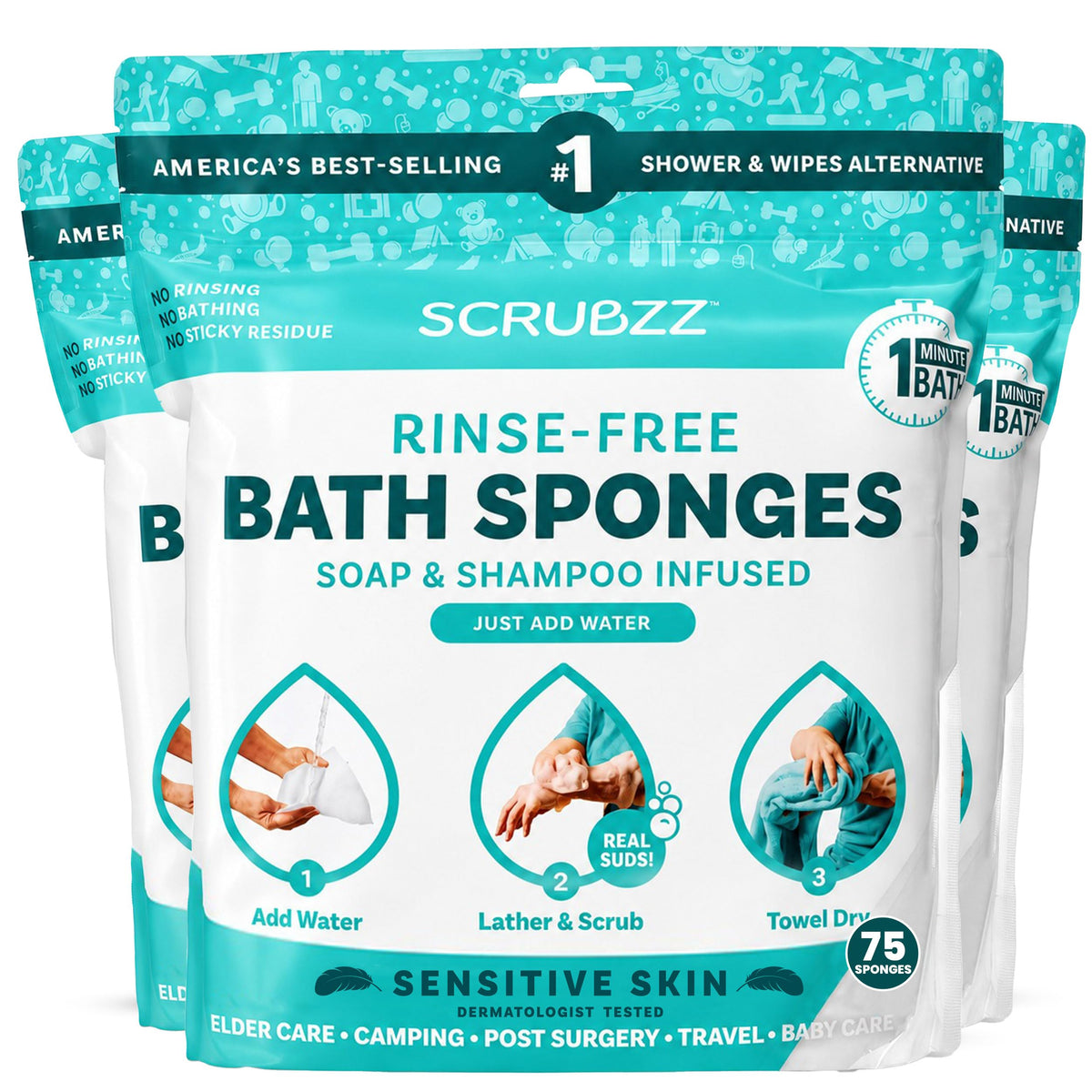 Scrubzz Disposable No Rinse Bathing Wipes - All-in-1 Single Use Shower Wipes, Simply Dampen, Lather, and Dry Without Shampoo or Rinsing (Unscented, 2-Pack)