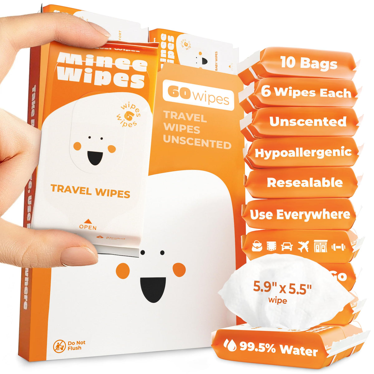 Impossibly Compact Travel Wipes - 99.5% Water - Safe for Sensitive Skin & Hypoallergenic, Resealable, Thick & Durable - For Adults & Kids - Unscented, 30 Pack Total 180 Wipes