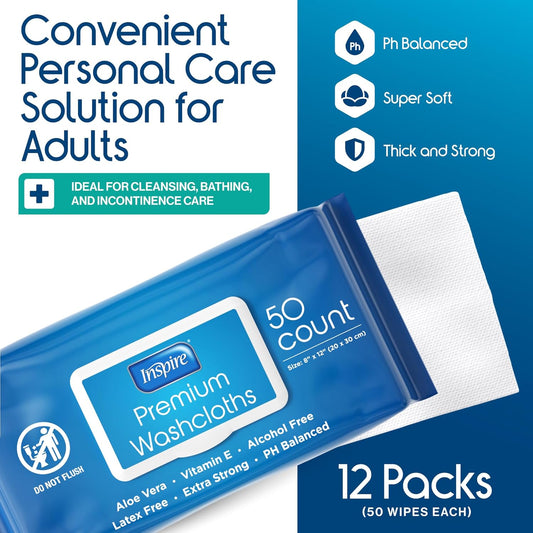 Inspire Adult Wet Wipes, Wash Cloths | Adult Wipes for Incontinence & Cleansing for Elderly, 8"x12" Count 12 packs of 50