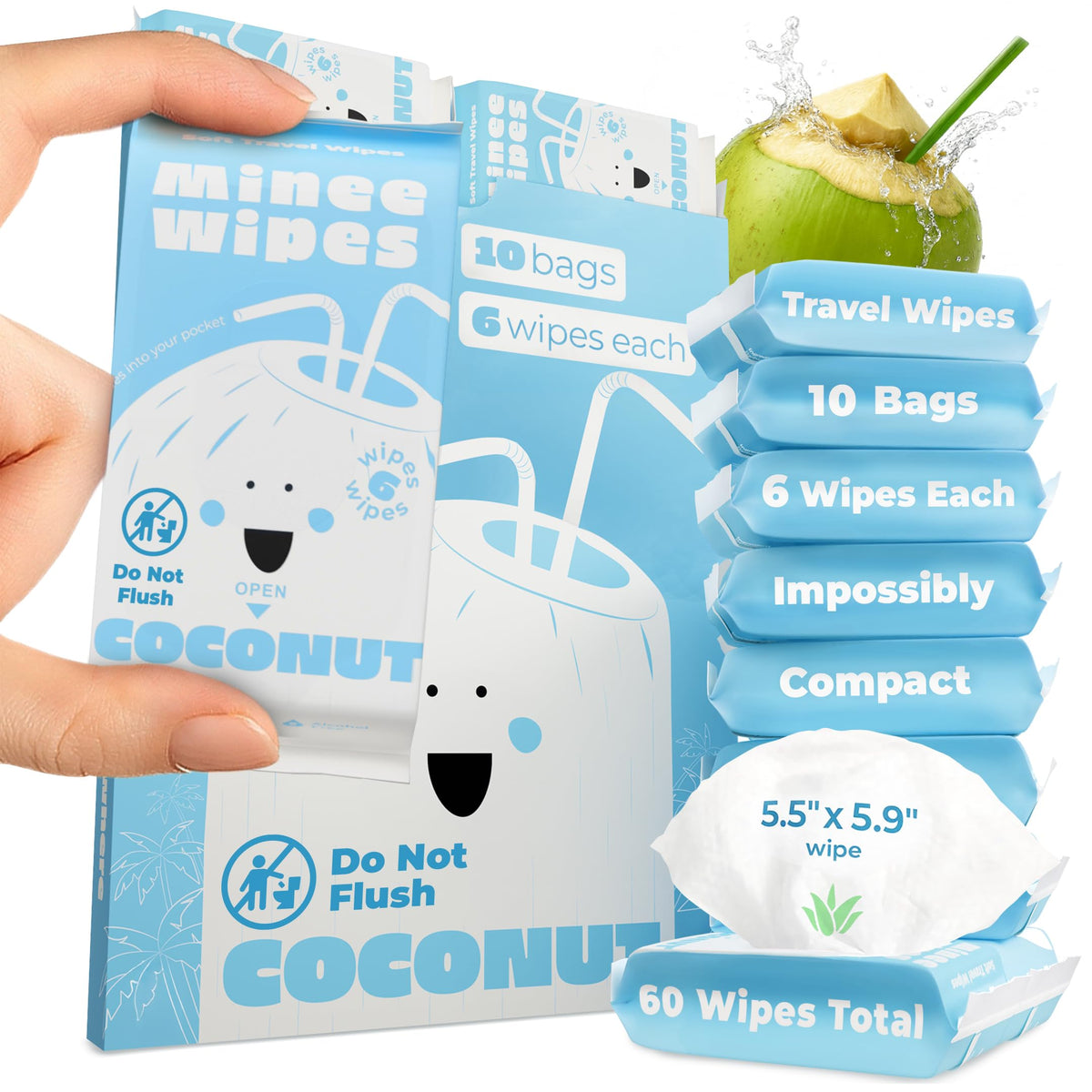 Impossibly Compact Travel Wipes - 99.5% Water - Safe for Sensitive Skin & Hypoallergenic, Resealable, Thick & Durable - For Adults & Kids - Unscented, 30 Pack Total 180 Wipes