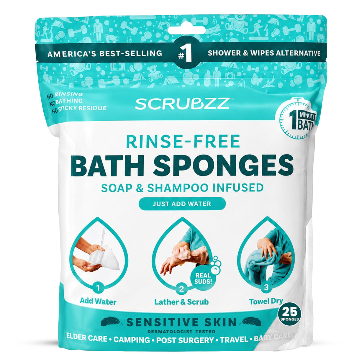 Scrubzz Disposable No Rinse Bathing Wipes - All-in-1 Single Use Shower Wipes, Simply Dampen, Lather, and Dry Without Shampoo or Rinsing (Unscented, 2-Pack)
