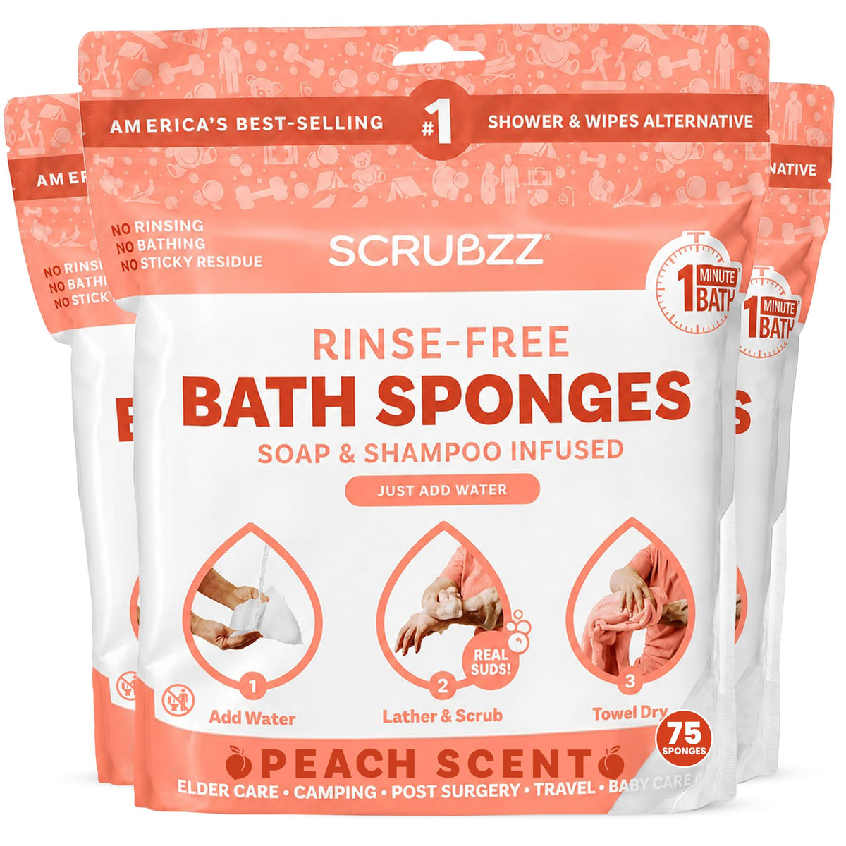 Scrubzz Disposable No Rinse Bathing Wipes - All-in-1 Single Use Shower Wipes, Simply Dampen, Lather, and Dry Without Shampoo or Rinsing (Unscented, 2-Pack)