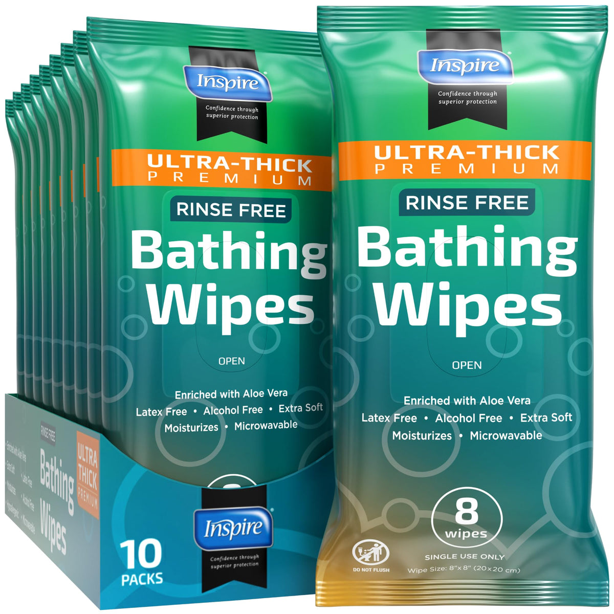 Bathing Wipes for adults bathing rinse free | Adult Wash Cloths Extra Large, Bathing Wipes for Incontinence, 8"x 8" In (48 count) | By Inspire